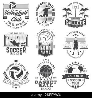 Étiquette monochrome vintage, autocollant, patch avec des silhouettes de basket-ball, de volley-ball et de football. Illustration vectorielle. Illustration de Vecteur