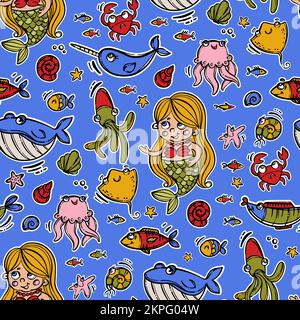 SOUS-MARIN AMIS Mermaid Whale Jellyfish Squid Skat Crab espadon Octopus Cartoon animaux dessinés à la main avec Outline Cutting Seamless Pattern Vector I Illustration de Vecteur