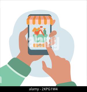 COMMERCE EN LIGNE de style plat smartphone Internet Shopping marché d'affaires dessin animé clip Art Vector Illustration Set pour l'impression Illustration de Vecteur