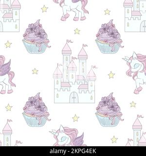 LE CHÂTEAU d'UNICORN de Medieval Fairy Tale entouré de délicieux gâteaux décorés avec des fleurs violettes dessin vectoriel sans couture illustration pour Prin Illustration de Vecteur