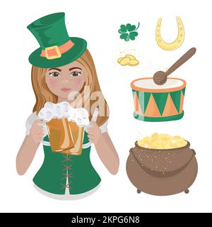 PATRICK GIRL dans Une veste verte et chapeau vert avec deux tasses de bière Saint Irish Holiday Cartoon clip Art Vector Illustration Set pour l'impression Illustration de Vecteur