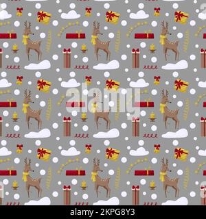 Motif de Noël avec sapin, père noël, décoration, cadeaux. Motif de Noël sans coutures idéal pour le textile, l'emballage, le papier peint et le design. Illustration de Vecteur