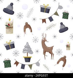 Motif de Noël avec sapin, père noël, décoration, cadeaux. Motif de Noël sans coutures idéal pour le textile, l'emballage, le papier peint et le design. Illustration de Vecteur