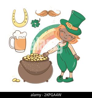 PATRICK OR Rouge cheveux Lepreun Boy avec pot de pièces sur Un fond arc-en-ciel Saint Patrick Day Cartoon clip Art Vector Illustration Set pour impression Illustration de Vecteur