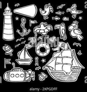 AUTOCOLLANTS PIRATE thème nautique Monochrome dessin main dessin de dessin animé Voyage Clipart Label Sea Vector Illustration ensemble sur fond noir pour l'impression et la découpe Illustration de Vecteur