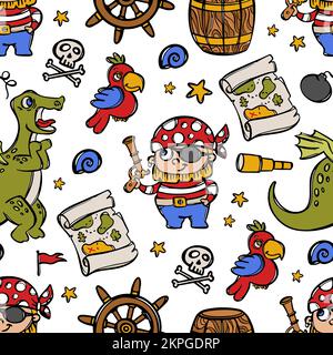 PIRATE AVEC UN PISTOLET SOURIANT Corsair Dino Parrot et Treasure Map Marine Cartoon dessin à la main motif fluide Vector Illustration sur blanc avec Travel at Illustration de Vecteur