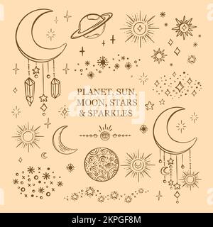 PLANET SUN LUNE Astronomical Mystique ensemble de symboles pour Tarot carte bannière Flyer affiche autocollant sorcellerie ésotérique dessinée à la main objets de conception magique Vect Illustration de Vecteur