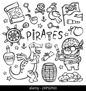 DRAPEAU DE PIRATE ET DE DINO avec crâne Monochrome Cartoon dessin à la main Clipart Sea Attributes et objets avec texte dessiné à la main Vector Illustration Set pour Prin Illustration de Vecteur