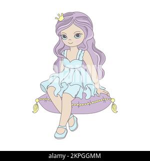 PRINCESSE belle Fée Tale fille dans la couronne avec de longs cheveux roses assis sur l'oreiller rose dessin animé Art Vector Illustration pour l'impression Illustration de Vecteur