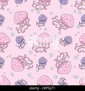 MÉDUSE violet océan mer sous-marin vie croisière de voyage Cartoon tropical sur fond rose motif sans couture Illustration vectorielle pour impression Illustration de Vecteur