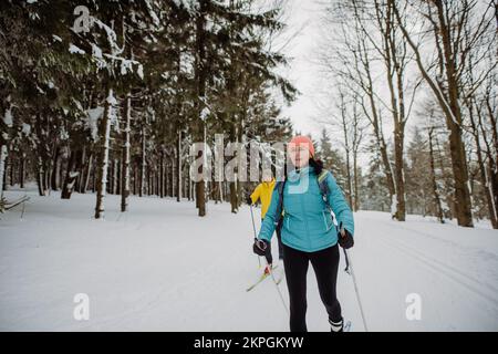 Couple senior ski ensemble au milieu de la forêt. Banque D'Images