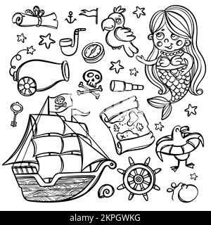 BATEAU PIRATE ET SIRÈNE Monochrome avec drapeau de crâne sur mât dessin main dessin animé dessin animé dessin animé Clipart Sea attributs et objets scénario an Illustration de Vecteur