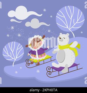 POLAR BEAR Alaska Girl Winter Holiday Comic Funny Animal Flat Design dessin main dessin vectoriel Illustration Set pour l'impression Illustration de Vecteur