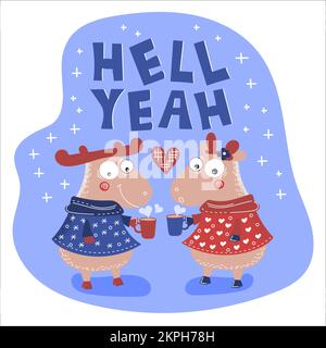 THÉ HUMEUR deux wapitis boisson chaude avec coeurs dessin à la main plat style clip Art avec texte de la main dessin dessin dessin de l'année dessin de dessin animé scénario ensemble d'illustrations Illustration de Vecteur