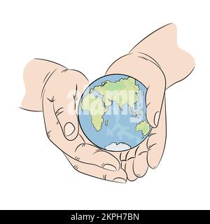 PRENEZ SOIN DE PLANÈTE Terre mains humaines tenir Globe Europe Afrique Ecologie problème bannière Cartoon clip Art Vector Illustration jeu pour l'impression Illustration de Vecteur