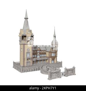 Tour de l'église, 3D ancien château de style victorien. Maison résidentielle Illustration isolée sur fond blanc. Architecture contemporaine, modèle d'architecte Banque D'Images