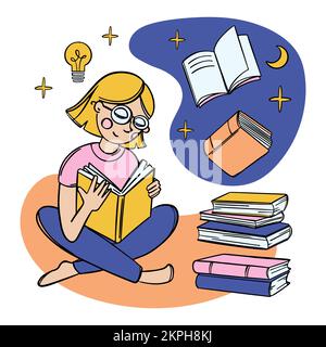 TEMPS DE LIRE L'ÉDUCATION Accueil femme élève lit Schoolbook coloré Doodle esquisse manuelle Vector Collection Auto-éducation Accueil apprendre Nouveau moderne Illustration de Vecteur