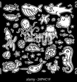 AUTOCOLLANTS ANIMAUX MARINS thème nautique Monochrome dessin main dessin animé Voyage Clipart Label Underwater World Vector Illustration Set pour l'impression et la coupe M Illustration de Vecteur