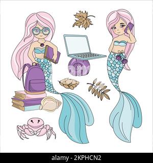 ÉCOLE DE MER Mermaid élèves avec ordinateur portable et livres d'apprentissage Oceanic Underwater Education dessin animé Art Vector Illustration Set for Print Illustration de Vecteur