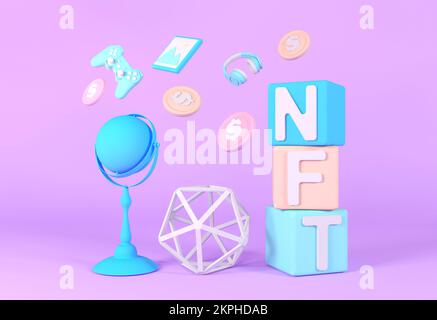 Bannière de jeton non fongible NFT, symbole d'icône nft 3D. Concept de NFT, minimal, couleurs pastel. Crypto art, musique, jeux, blockchain Banque D'Images