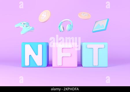 Bannière de jeton non fongible NFT, symbole d'icône nft 3D. Concept de NFT, minimal, couleurs pastel. Crypto art, musique, jeux, blockchain Banque D'Images