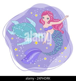 TORTUE MERMAID Cartoon Cosmos Galactic Princess Journey clip Art Space Vector Illustration Set pour impression Illustration de Vecteur