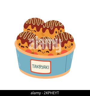 Takoyaki vecteur alimentaire asiatique. Takoyaki mignon sur fond blanc. Espace libre pour le texte. Illustration de Vecteur