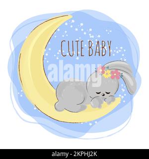 LAPIN DE LIÈVRE ENDORMI avec Une couronne de fleurs sauvages sur sa tête capacité sur Un dessin à la main dessin à la main dessin à plat clip Art Vector Illustration Set pour Illustration de Vecteur