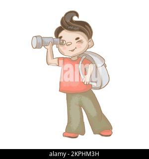 SPYGLASS GARÇON avec sac à dos Brave Young Traveler sur Un voyage de camping dessin à la main dessin à plat dessin à la main dessin à la main dessin à la main dessin à la main dessin à la main dessin animé Art Vector Illustration Set pour imprimer Illustration de Vecteur