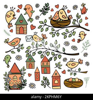 AMBIANCE PRINTANIÈRE DES OISEAUX faire des nids nature en fleurs et fleurs plantes et branches dessin animé Art Vector Illustration Set pour Pr Illustration de Vecteur
