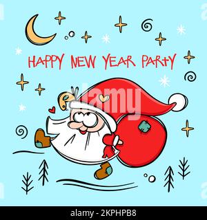 PÈRE NOËL AVEC SAC drôle barbe nain avec sac cadeaux parler oiseau nouvel an Joyeux Noël dessin main avec texte Vector Illustration Set F Illustration de Vecteur