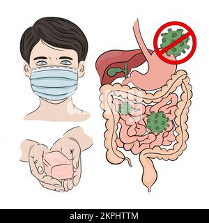 ROTAVIRUS Homme dans le masque savon dans les mains intestins avec des bactéries prévention des maladies intestinales danger clip Art Vector Illustration Set for Print Illustration de Vecteur