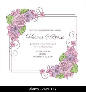 INVITATION À UN MARIAGE deux compositions de fleurs roses et violettes dans les coins d'Un cadre rectangulaire avec dessin animé de texte clip Art Vector Illustration se Illustration de Vecteur