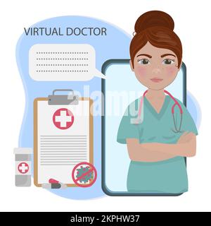 CONSULTATION VIRTUELLE femme pratiquant le médecin donnant des recommandations pour le traitement de la maladie en ligne Cartoon en ligne clip Art Vector Illustration Set for Illustration de Vecteur