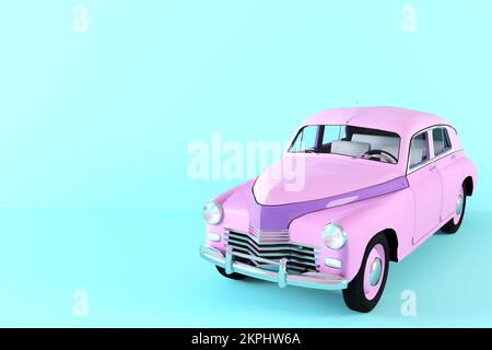Voiture miniature vintage violet sur fond bleu illustration 3D. Modèle réduit de voiture rétro aux couleurs pastel et savoureuses. Voiture classique rare. Jouet stylisé Banque D'Images
