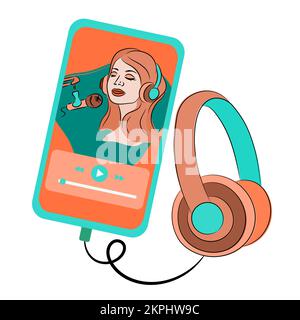 VIRTUAL MUSIC Player Internet Ecoute en ligne chanteur à cheveux rouges au microphone dans smartphone avec casque clip Art Vector Illustration Set Illustration de Vecteur
