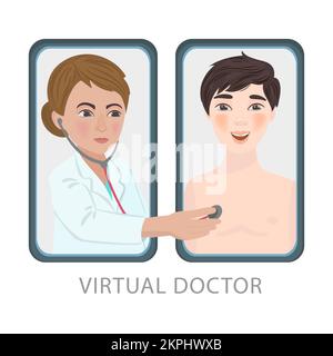 MÉDECINE VIRTUELLE discuter avec Doctor by smartphone Online Practitioner Woman donne des recommandations Cartoon clip Art Vector Illustration Set for Print Illustration de Vecteur