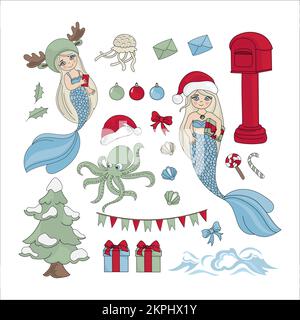 ENSEMBLE DE NOËL MARIN Mermaid avant le nouvel an avec des cadeaux de pieuvre et un motif de Noël en forme de dessin animé d'hiver clip Art Vector Illustration Collection pour impression Illustration de Vecteur