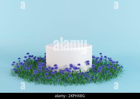 Étape du produit fleurs cercle. Podium cylindrique en marbre blanc sur fond flou. Décoration à fleurs bleues et feuilles vertes. Présentation de maquette scène Banque D'Images