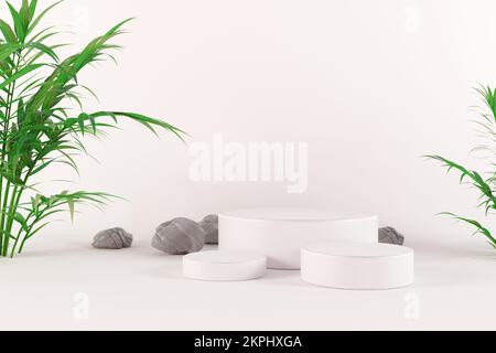 Podium de présentation de produits avec feuilles de palmier nature et fond de pierres. 3D rendu. Couleurs claires, concept minimaliste. Banque D'Images