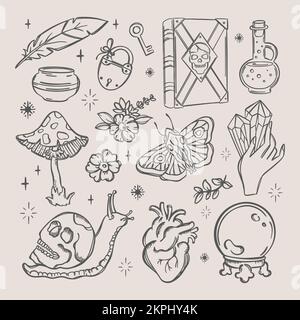 OBJETS DE SORCELLERIE Amour magie Alchemic Monochrome éléments Astrologie Estérique Occult Doodle esquisse des symboles de mystère dessinés à la main pour les concepteurs de démon et Illustration de Vecteur