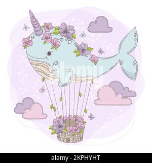 WHALE BALLOON Fairy Unicorn décoré Résumé fleurs roses et violettes à la fête d'anniversaire dessin animé dessin animé Art Vector ensemble pour impression Illustration de Vecteur