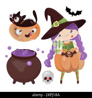 SORCIÈRE HALLOWEEN main dessin à plat dessin dessin animé dessin animé dessin animé Art personnage Horror Holiday Vector Illustration jeu pour l'impression Illustration de Vecteur