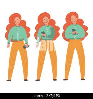 SOCIAL MEDIA GIRL Red long cheveux femme avec smartphone dans ses mains fait une commande en ligne plat dessin dessin dessin dessin dessin dessin dessin dessin dessin dessin dessin animé Art scénario ensemble pour Pr Illustration de Vecteur