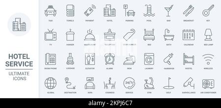 Les icônes de service d'hôtel en ligne fine définissent l'illustration vectorielle. Résumé contour réception et taxi pour les touristes avec bagages, parking et blanchisserie, mobilier de chambre pour l'auberge et le paiement, bar et restaurant Illustration de Vecteur