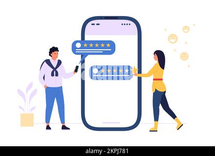 Note du client. Femme et homme donnant des commentaires positifs pour le service. Personnages montrant la satisfaction et évaluant l'application mobile. Remplissage de personnes Illustration de Vecteur