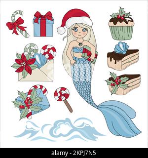 SWEET MERMAID CHRISTMAS long cheveux Princesse fille dans le chapeau de Santa avec boîte-cadeau sucettes et gâteaux dessert Cartoon clip Art Vector Illustration Set pour P Illustration de Vecteur