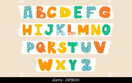 Jolie police latine puérile ou alphabet anglais frais décoré de points et de gribouillis. Illustration vectorielle dessinée à la main Illustration de Vecteur