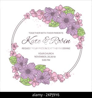 FLEURS DE MARIAGE deux compositions de fleurs abstraites roses et violettes sur les bords de l'anneau avec le texte dans le milieu clip Art Vector Illustration Set Illustration de Vecteur