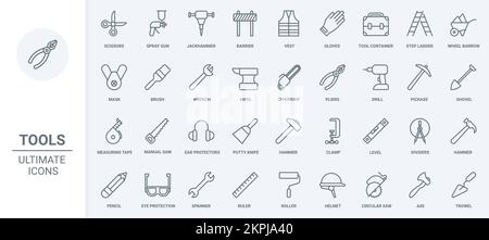Construction outils et équipement de bricolage pour la menuiserie, la construction et les travaux de réparation icônes de ligne mince ensemble illustration vectorielle. Résumé contour casque de sécurité et gilet pour travailleur, clé et marteau, peinture Illustration de Vecteur
